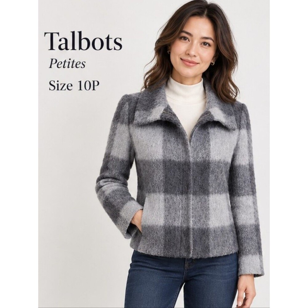 EUC Talbots women's plaid wool blend zippered jacket coat 10P grey